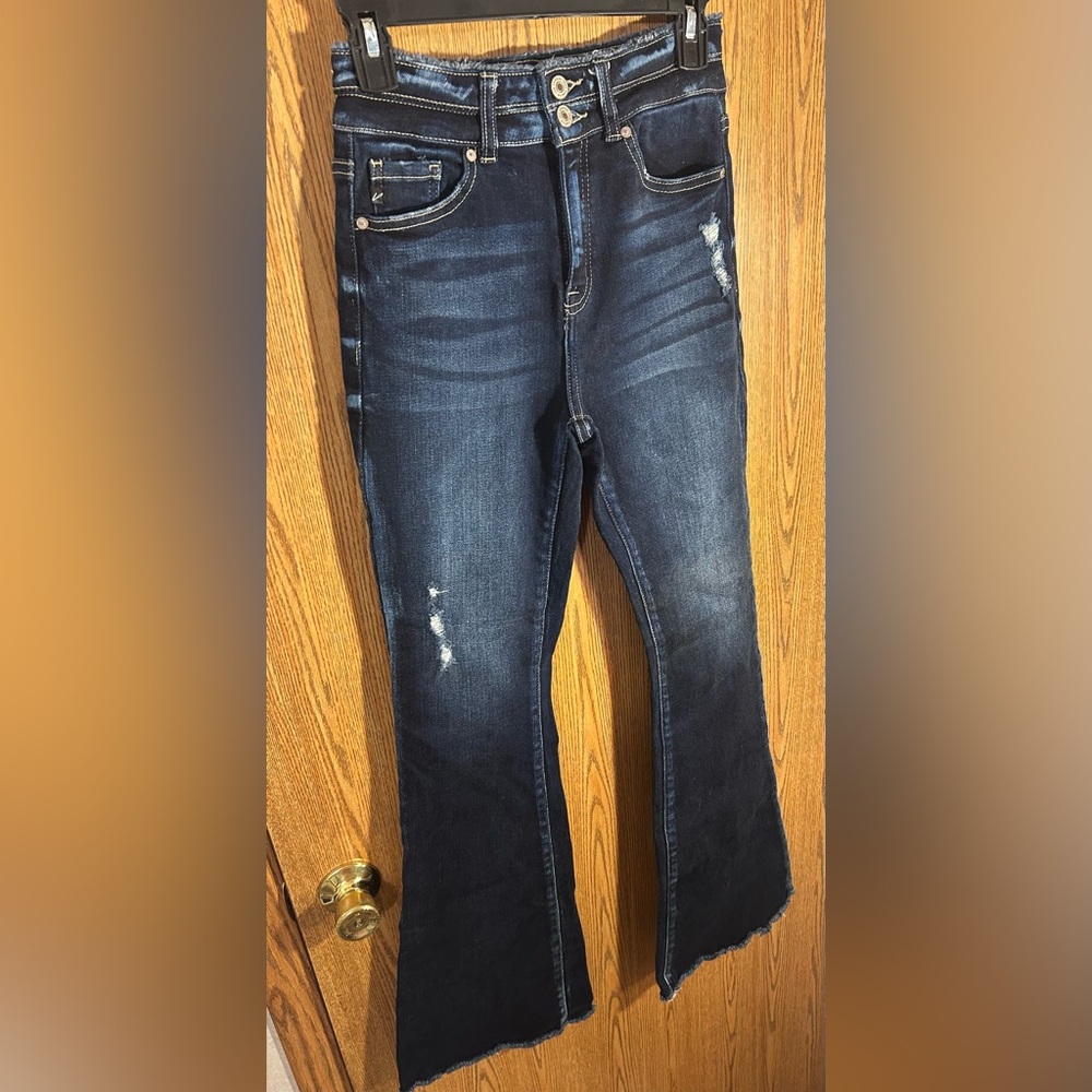 Kancan High Rise Raw Hemmed Flare Leg Distressed Denim Jeans - Picture 2 of 7